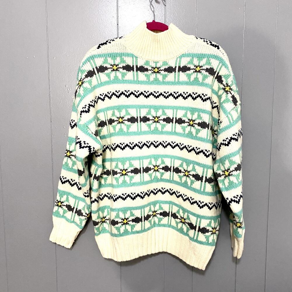 NEW American Eagle Blue Cream Oversized Fairisle Mock Neck Sweater S